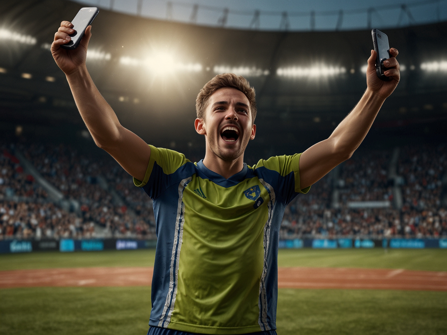Atleta che celebra con smartphone - FantasyTeam Casino